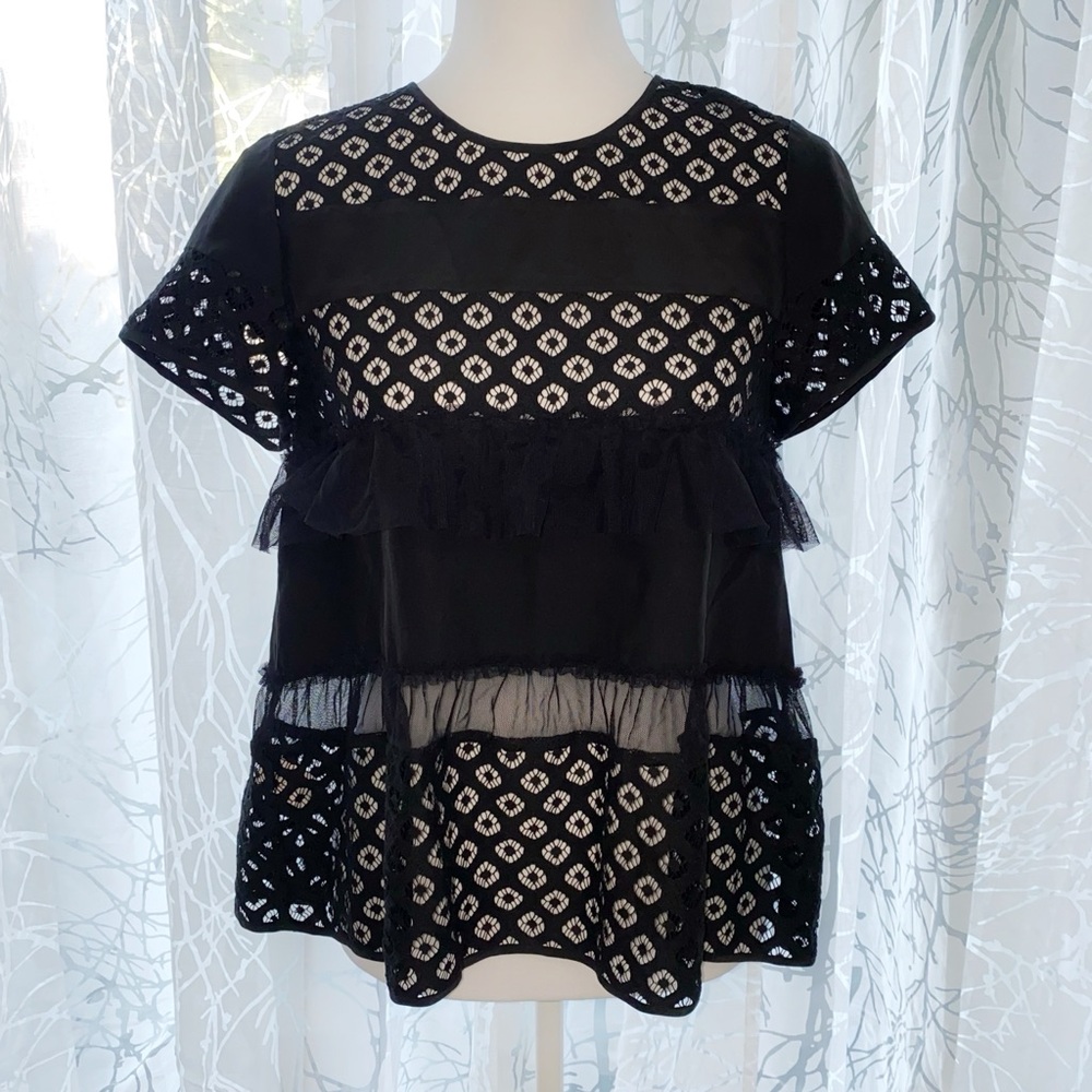 CINQ A SEPT BLACK SHEER LACE SILK MESH RUFFLE ROWS CREWNECK DELPHINE TOP BLOUSE